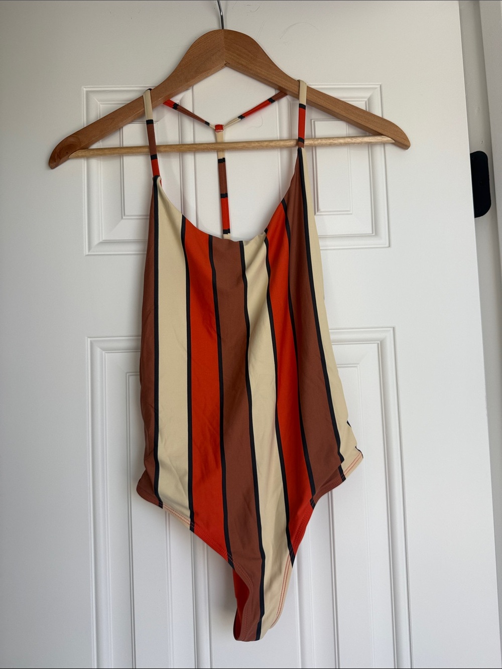 Striped Spaghetti-Strap Women's Swimsuit in Burnt Orange, Brown & Cream
